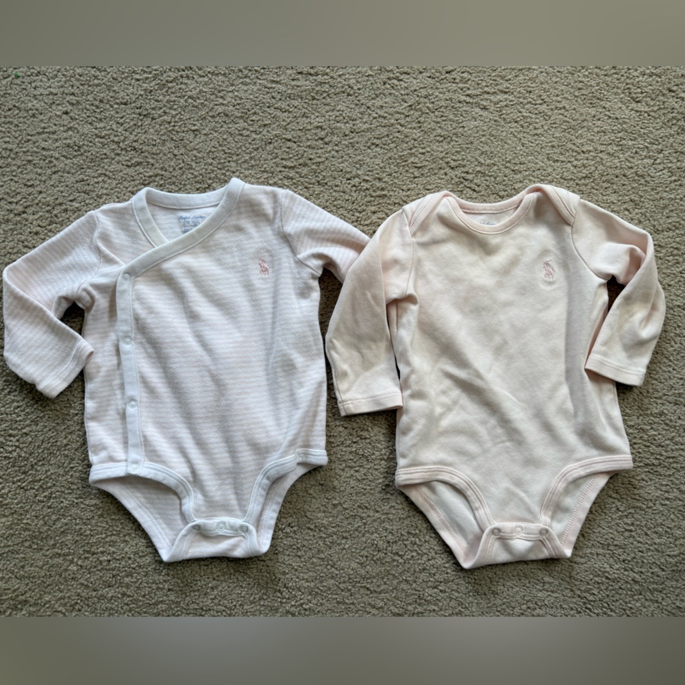 Ralph Lauren Baby Girl Long Sleeve Bodysuit Set 3-6M Pink Stripe & Solid